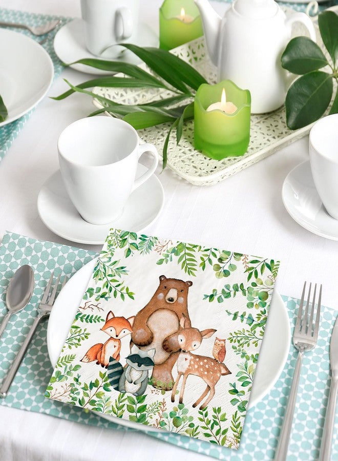 JarThenaAMCS مناديل ورقية لحفلات استقبال المولود الجديد من جارثينا إيه إم سي إس، 100 ورقة، بتصميم حيوانات الغابة، مناديل ورقية للاستخدام مرة واحدة، مزينة برسومات حيوانات الغابة، مثالية لحفلات الغداء والعشاء، مقاس 6.5 × 6.5 بوصة - Image 5